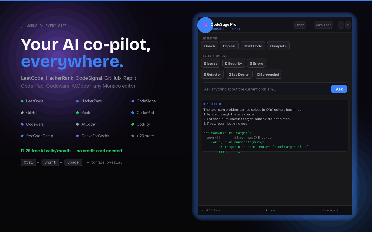CodeSage Pro overlay — works on LeetCode, HackerRank, GitHub, and 30+ coding sites